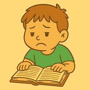 Junge ungluecklich mit-Buch mit schwierigem Text