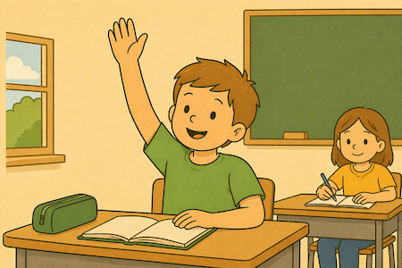 Kind im Klassenzimmer meldet sich motiviert und hat Lust am Lernen