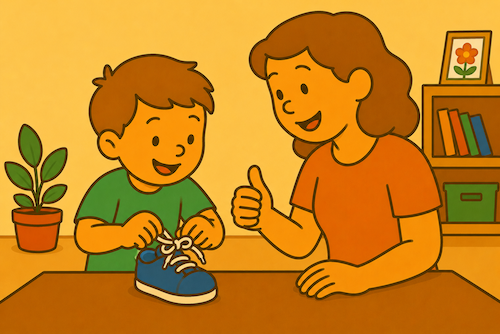 Kind lernt Schuhe zu binden und wird von einem Erwachsenen ermutigt.