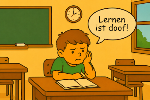 Genervtes Kind im Klassenzimmer verbindet Schule mit Lernen.