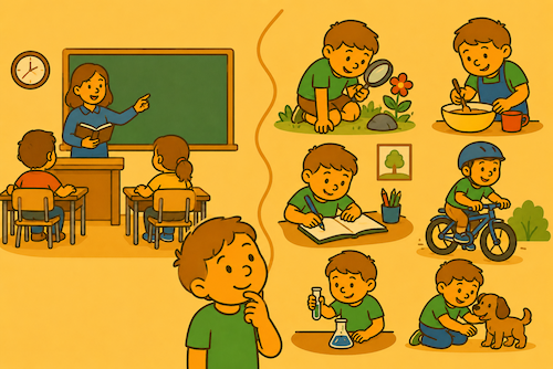 Kind lernt in verschiedenen Alltagssituationen innerhalb und außerhalb der Schule.